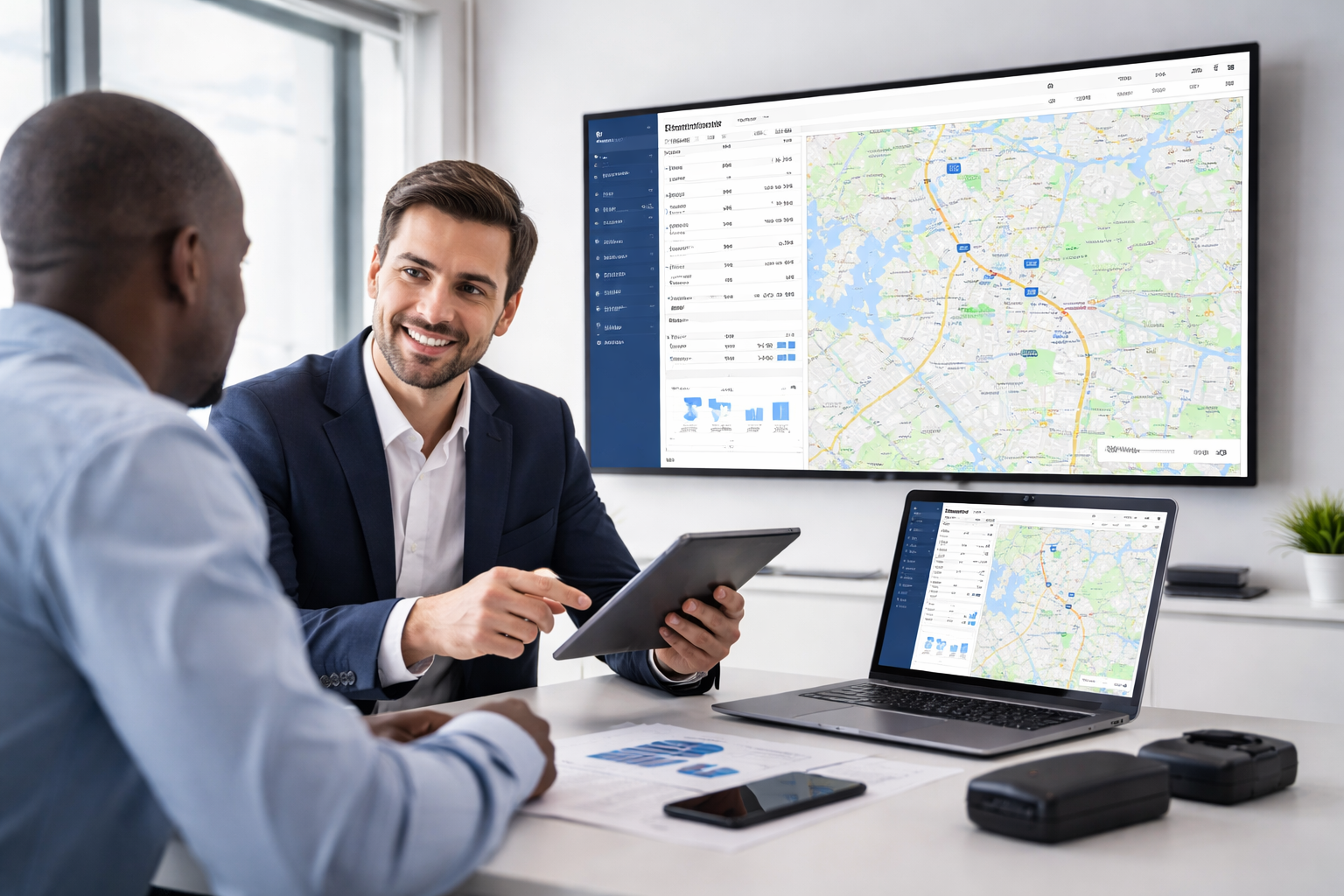 Professionnels en entreprise discutant une solution de géolocalisation GPS sur tablette et écrans
